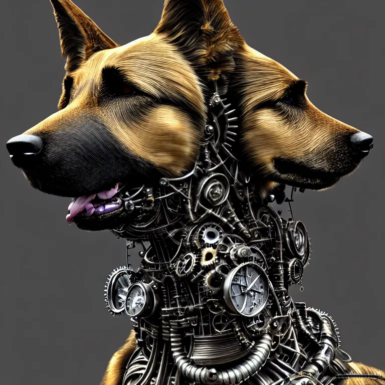 Prompt: steampunk cybernetic biomechanical german shepard, front facing, symmetric, 3 d model, very coherent symmetrical artwork, unreal engine realistic render, 8 k, micro detail, intricate, elegant, highly detailed, centered, digital painting, artstation, smooth, sharp focus, illustration, artgerm, tomasz alen kopera, wlop