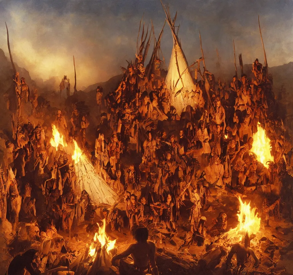 Image similar to native american chief speaks to his council around the fire in the teepee by frank frazetta, artgerm, albert bierstadt, tomasz alen kopera