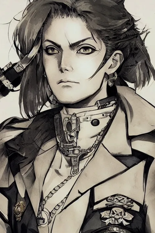 Prompt: beautiful portrait of a female officer wearing a fancy naval uniform, eyepatch, concept art by yoji shinkawa, felt tip pen, intricate detail, sharp focus, illustration