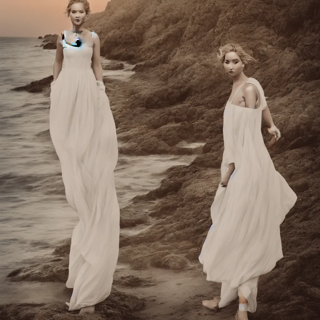 Image similar to a portrait photography of Jennifer Lawrence dress in white by Flora Borsi, with the sea behind, soft sunset lighting, pastel colors scheme, fine art photography, dramatic backgroung, 100 mm sigma art