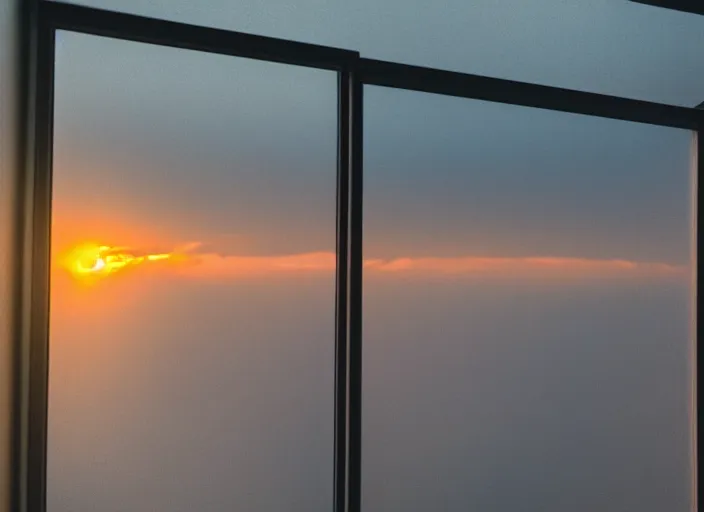 Image similar to poor quality photo of the sunrise through a window, brown sky