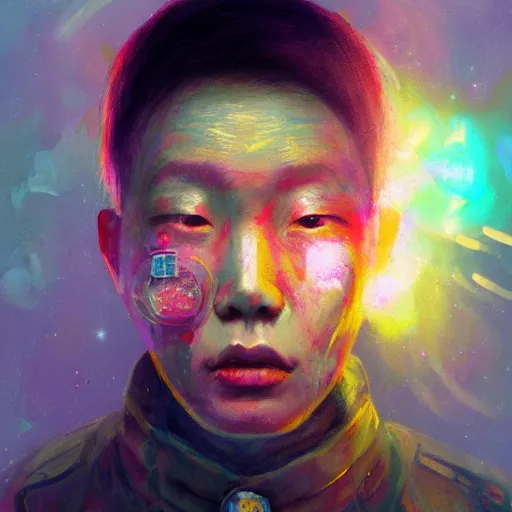 Image similar to colorful character portrait of a chinese prisoner at night lit by the stars, wispy smoke, highly detailed face, very intricate, symmetrical, cinematic lighting, award - winning, painted by mandy jurgens, peter doig, dystopian, bold colors, dark vibes, anime aesthetic, featured on artstation