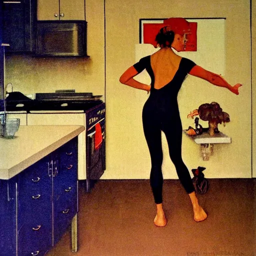 Prompt: Lone dance in spandex in the minimalist kitchen. Norman Rockwell painting.