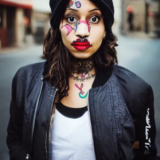 Prompt: photograph portrait of a mixed woman with face tattoos smoking a cigarette wearing a black beanie and black bomber jacket, urban environment, depth of field, 8k, hd, award-winning, 82 mm sigma