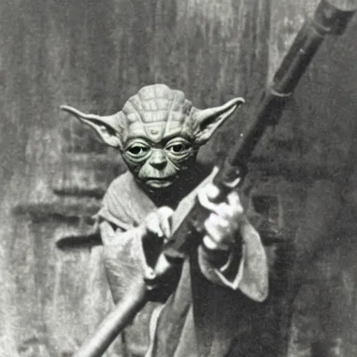 Image similar to old wartime photograph of yoda from star wards holding a lewis gun, grainy photo, sepia tone 1 9 1 7