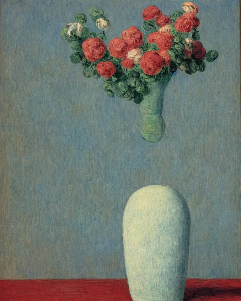 Image similar to print featuring painted ancient greek vase on baby blue background by rene magritte, monet, and turner.