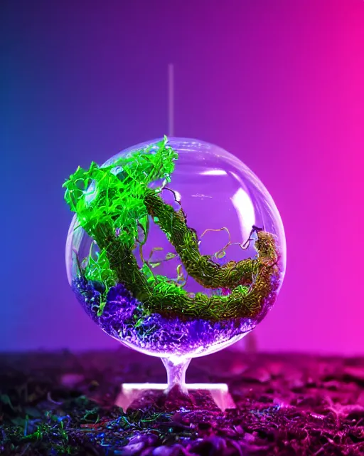 Prompt: product photography of ultra-violet cyber punk terrarium overflowing with glowing liquid, vines wrap around the terrarium, unreal engine 5, blender, depth of field, ultra realistic, cinematic, macro, artstation, megascan, elegant, epic, Quixel, weta digital, focus, octane render, v-ray, 8k, dslr, macro photography