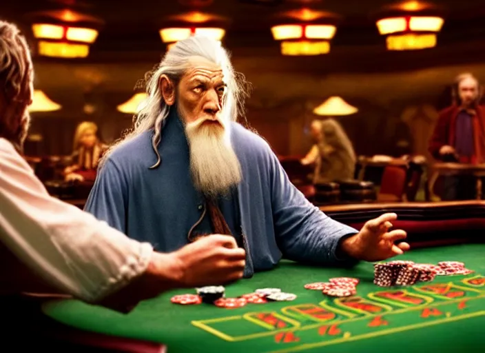 Image similar to film still of gandalf gambling in a casino in new lord of the rings movie, 8 k