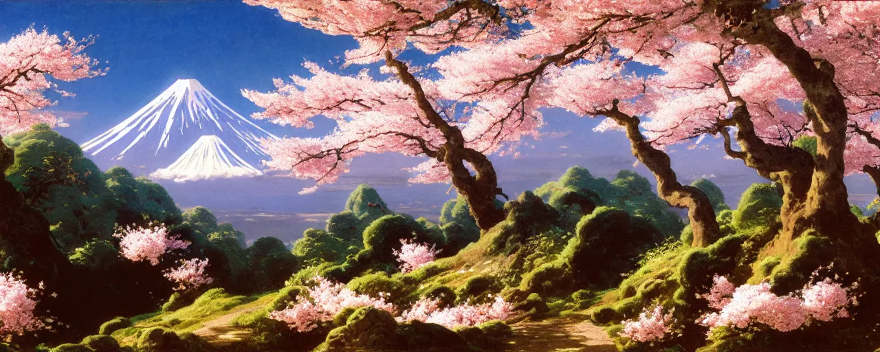 Image similar to ghibli illustrated background of a strikingly beautiful over a volcano with cherry blossom by eugene von guerard, ivan shishkin, albert edelfelt, john singer sargent, 4 k