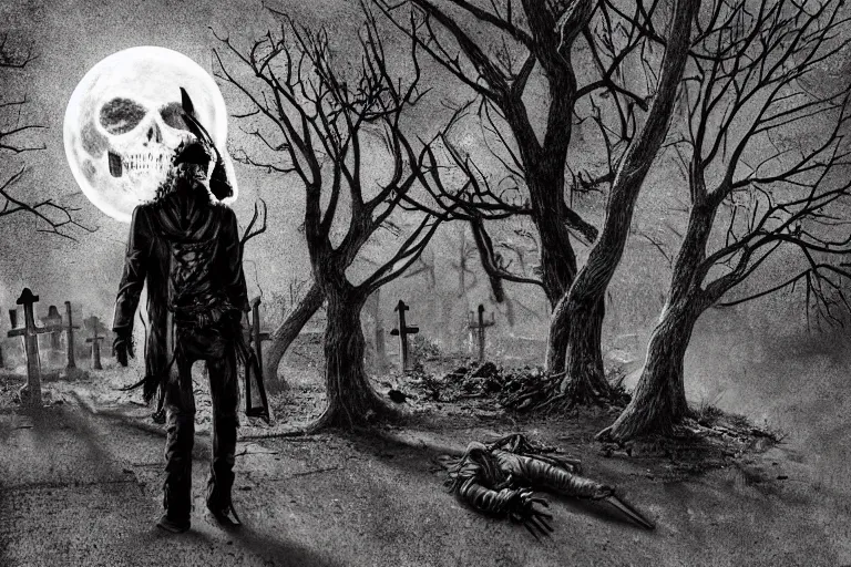 Prompt: dead anarchist walking through a cemetery, middle finger, pirate flag sticking out of his pocket, evil dead face, leather coat, dark night, full moon, zombies walking around, crows on the oak tree, highly detailed digital art, photorealistic