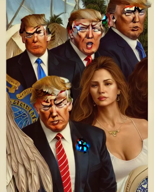 Prompt: Portrait of Donald Trump & FBI officers at Key Largo,real life skin, intricate, elegant, highly detailed, artstation, concept art, smooth, sharp focus, art by artgerm and greg rutkowski and alphonse mucha