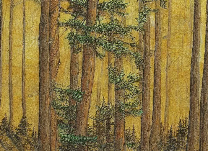 Image similar to A summer pine tree forest drawn with crayon by Da Vinci with holy golden sparkle ink and deep brown oak paints on a fine art canvas detailed landscape masterpiece.