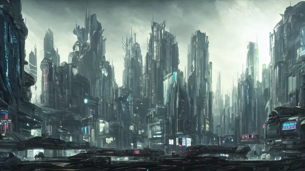 Image similar to a vast alien city, bustling and alive, futuristic, biological, cyberpunk, sinister, lightening and smog, dust, ultra realistic, hyper detailed, concept art, cinematic, wide lens,