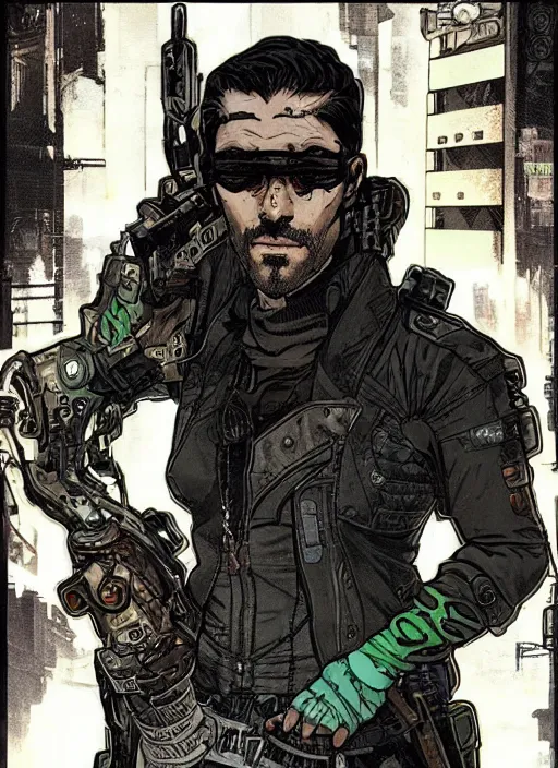 Image similar to cyberpunk mob enforcer. portrait by ashley wood and alphonse mucha and laurie greasley and josan gonzalez and james gurney. splinter cell, apex legends, rb 6 s, hl 2, d & d, cyberpunk 2 0 7 7. realistic face. character clothing. vivid color. dystopian setting.