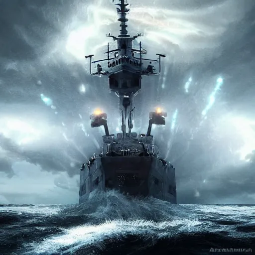 Image similar to semi futuristic warship being attacked by a sea monster, chaotic sea setting, ocean, unreal engine, octane render, cinematic, epic, rainy stormy night, chaotic, 8k, ultra detailed, Artstation, Trending on Artstation, Artstation HQ, Artstation HD, deviant art, Pinterest, digital art, reflections,