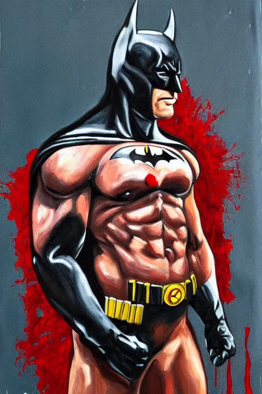 Prompt: A portrait painting of the muscular batman covered in bloody scars