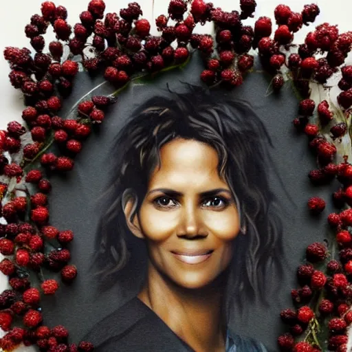 Prompt: a portrait made out of wild forrest berries of halle berry