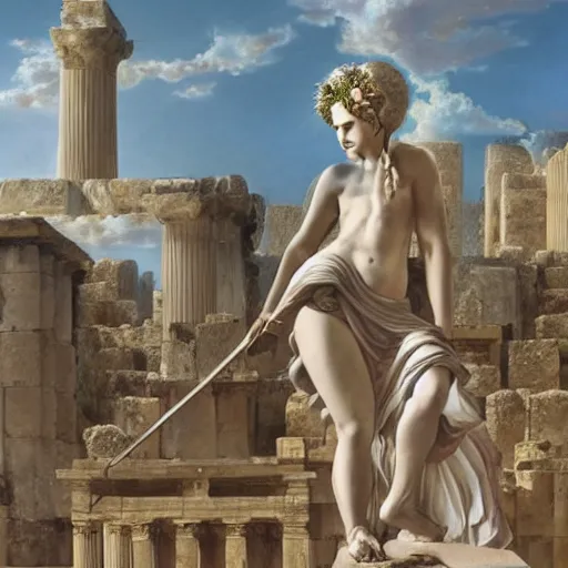 Image similar to young ancient greek godess in helmet, giant gray-haired bearded male head in background, ancient greek temple in background, by David Ligare, wide angle landscape, award winning masterpiece with incredible details, epic stunning, infinity pool, highly detailed, trending on ArtStation, artgerm and greg rutkowski and alphonse mucha, IAMAG, broken giant marble head statue ruins, golden hour