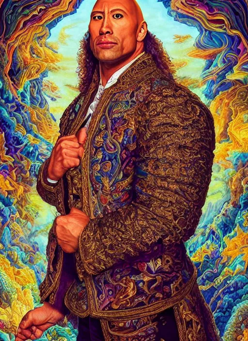 Image similar to beautiful oil painting, portrait of Dwayne the rock Johnson as Louis xiv in coronation robes 1701, Dan Mumford, Dan Mumford, Alex grey, Alex grey, lsd visuals, dmt fractal patterns, entheogen, psychedelic, hallucinogen, highly detailed, ornate, vaporwave