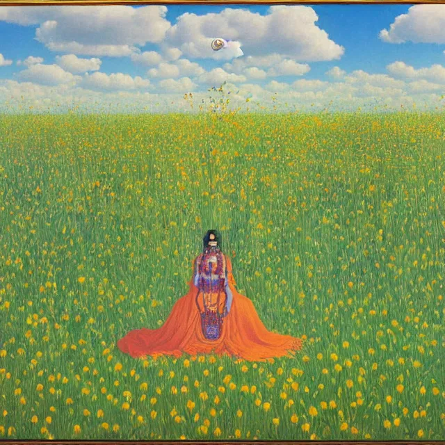 Prompt: hindu goddess kaali in distance looking at you in beautiful meadow of flower, detailed painting by rene magritte