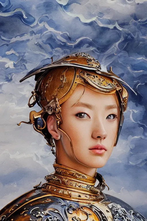 Image similar to hyperrealism oil painting, close-up portrait of medieval euopean fashion model, knight, steel gradient mixed with water swirls sky, in style of baroque mixed with 70s japan book art