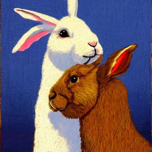 Prompt: a rabbit lovingly kissing a realistic alpaca's cheek in the style of gifford beal