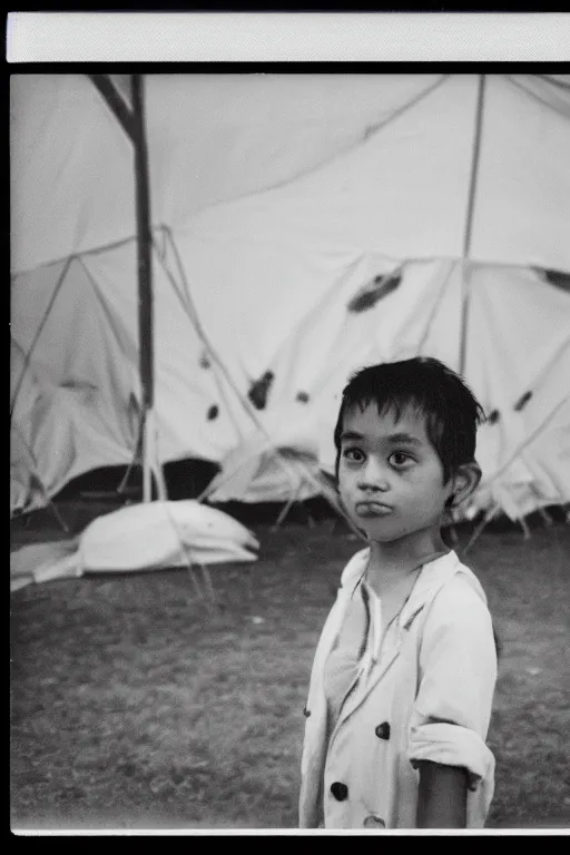 Image similar to photo polaroid of a sad and lonely child in a white coat and barefoot stands in the middle from behind the camera many big tents of field hospitals, pandemic, covid, loneliness, black and white ,photorealistic, 35mm film,