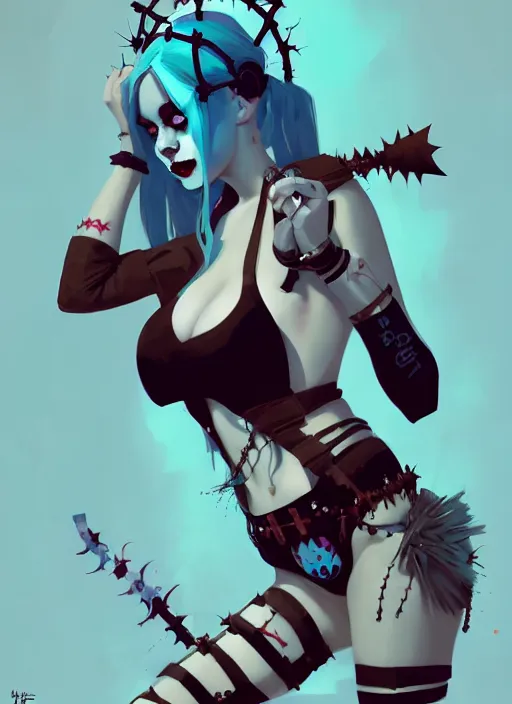 Image similar to portrait of cute goth harley quinn girl with crown of thorns in cyber bikini armor, warhammer, cyberpunk, by atey ghailan, by greg rutkowski, by greg tocchini, by james gilleard, by joe gb fenton, by kaethe butcher, dynamic lighting, gradient light blue, brown, blonde cream and white color in scheme, grunge aesthetic