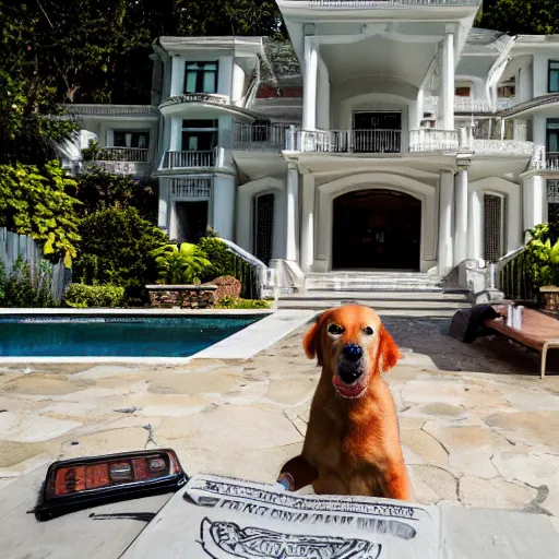 Image similar to a very detailed photo of a dog smoking a cigar outside the mansion by the pool