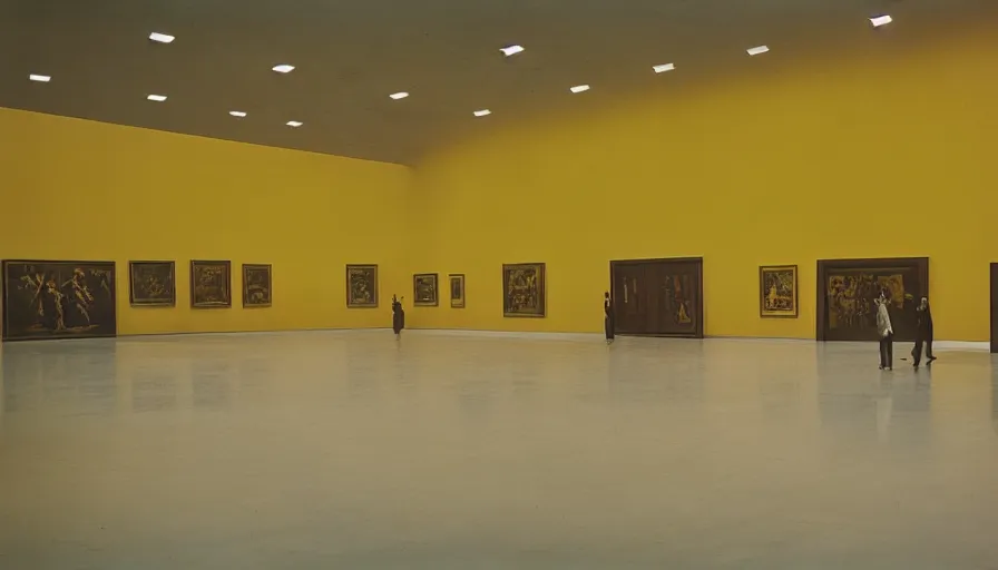 Image similar to 60s movie still of a sovietic stalinist style empty art museum with a soviet congress with yellow wall, by revolog color, liminal Space style, heavy grain