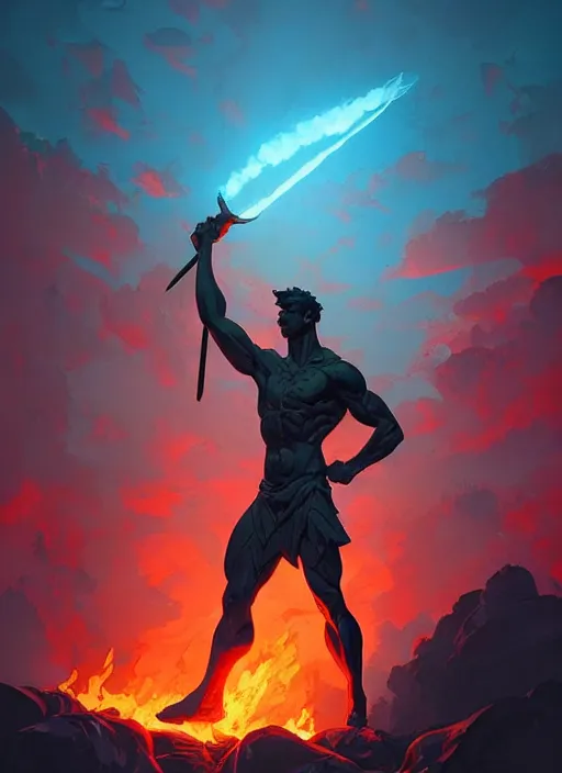 Prompt: statue of a victorious male warrior standing in a sea of fire, heroic, glorious, in the style of artgerm, gerald brom, atey ghailan and mike mignola, vibrant colors and hard shadows and strong rim light, plain background, comic cover art, trending on artstation