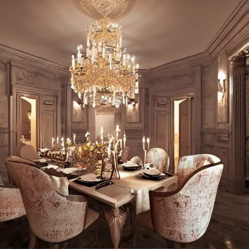 Prompt: dining room in a dark mansion, realistic, highly detailed, rests of food, candle lighting