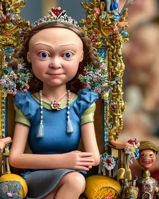 Image similar to highly detailed closeup, face profile portrait of a tin toy weimar greta thunberg as a fairytale princess wearing a crown and sitting on a throne, bikini, depth of field, otto dix, breathtaking, detailed and intricate environment, 8 k resolution, hyperrealistic, octane render