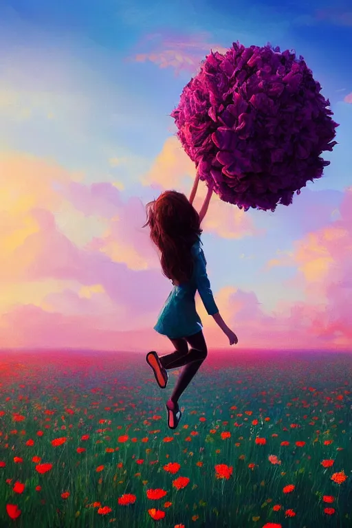 Image similar to closeup, giant flower head, girl in suit jumping in field of flowers, surreal photography, sunrise, blue sky, dramatic light, impressionist painting, digital painting, artstation, simon stalenhag