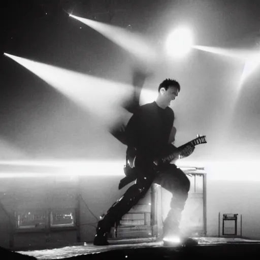 Image similar to dusty Trent Reznor smashing guitars, group of people on stage playing instruments, elaborate stage effects, dust, smoke, giant LED screens, colored projections, ultrafine detail, goth cybersuit, glowing thin wires, smoke, high contrast, projections, a screenshot by David Gilmour Blythe, holography, tesseract, volumetric lighting, anamorphic lens flare