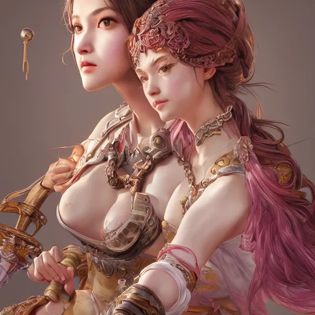 Image similar to studio portrait of neutral good colorful female cleric bard healer as absurdly beautiful, elegant, young skinny gravure idol, ultrafine hyperrealistic detailed face illustration by kim jung gi, irakli nadar, intricate linework, sharp focus, bright colors, matte, octopath traveler, final fantasy, unreal engine highly rendered, global illumination, radiant light, intricate environment