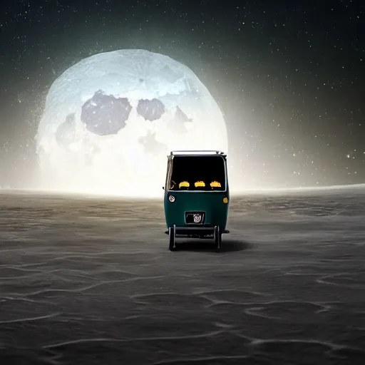 Image similar to a dark auto rickshaw traveling on the surface of the moon, moon craters, night sky, milky way, hard lighting, matte painting, concept art, 4k