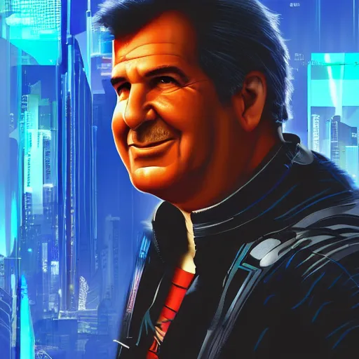 Image similar to cyberpunk phil swift as the leader of a futuristic communist nation, cybernetics, sharp lines, digital, artstation, colored in