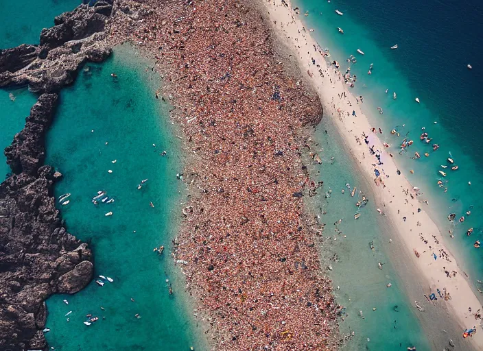 Image similar to symmetry!! a 2 8 mm macro aerial view of a crowded beautiful beach in greece, photography, film, film grain, canon 5 0 mm, cinematic lighting