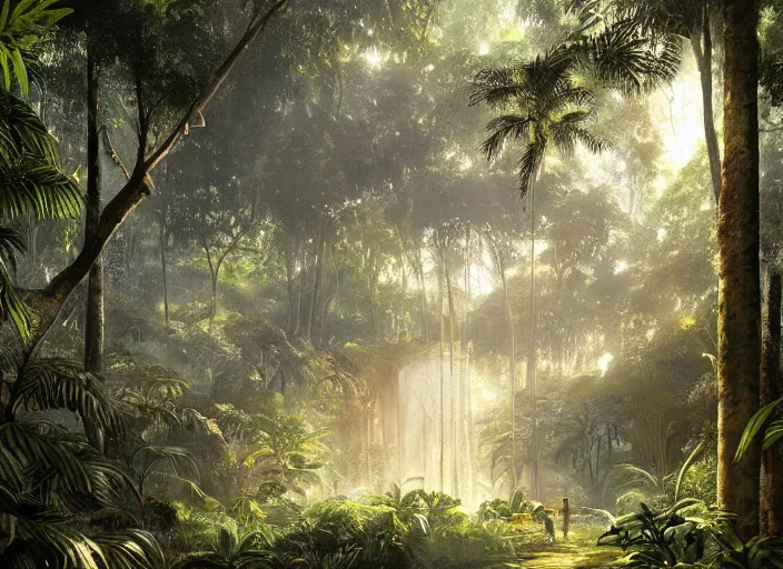 Prompt: a beautiful painting of a glass dome house in a tropical rainforest, sun rays, by greg rutkowski, fantasy, artstation, award - winning, nature