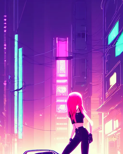 Image similar to digital illustration of cyberpunk pretty girl with pink hair, standing by a blue ford gt in a street at night, under streetlights, by makoto shinkai, ilya kuvshinov, lois van baarle, rossdraws, basquiat