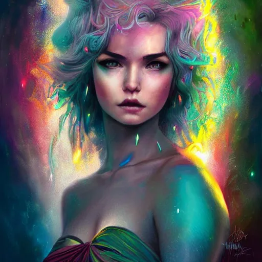 Image similar to demon goddess with rainbow windswept hair portrait surrounded by crystals, hyper - detailed, cgsociety, 8 k, high resolution, in the style of charlie bowater, tom bagshaw, norman rockwell, gerald brom, adam hugh