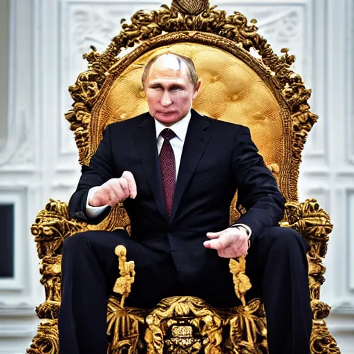 Image similar to A photo of vladimir putin the barbarian sitting on his throne, award winning photography, sigma 85mm Lens F/1.4, perfect faces