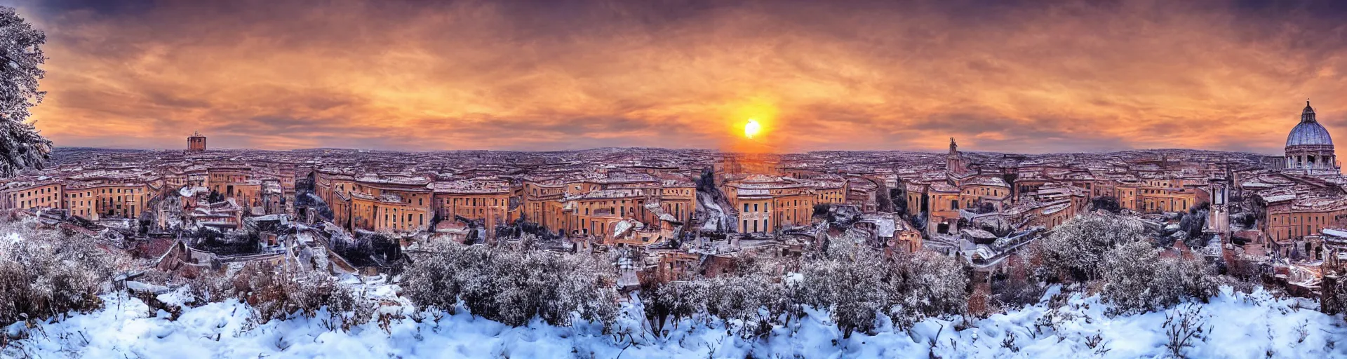 Prompt: beautiful snowy landscape of rome with a majestic sunrise, art, high detail, high definition, photorealistic, hdr,