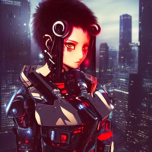 Prompt: A fantasy anime style cg portrait of a cyberpunk warrior girl wearing black & reddish mecha cyber suit, symmetrical face and wardrobe by WLOP from artstaion, on rooftop Tokyo night, dramatic light, rim light, blurry background, unreal engine render. -n 4 -i