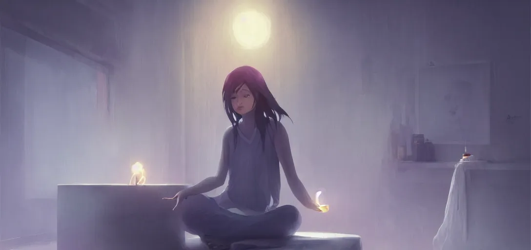 Image similar to Young Himalayan woman concerned in an empty room using psychic powers to make a lighter float| night time scene, plain walls |somber white eyes, long messy hair | gentle lighting, futuristic, dim lighting, digital art by Makoto Shinkai ilya kuvshinov and Wojtek Fus, digital art, concept art,