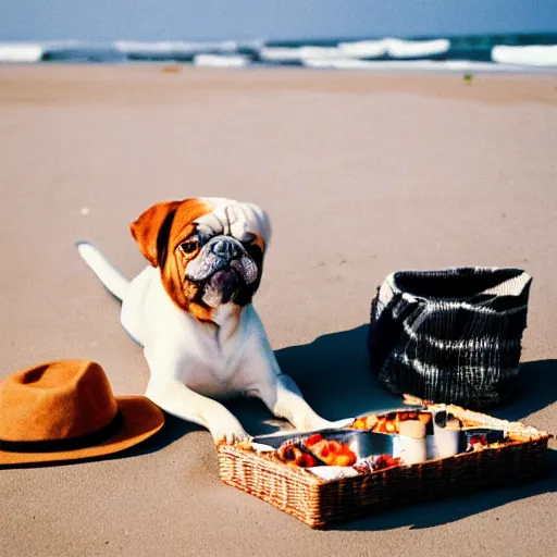 Image similar to Dog with white hat on the beach having a picknick