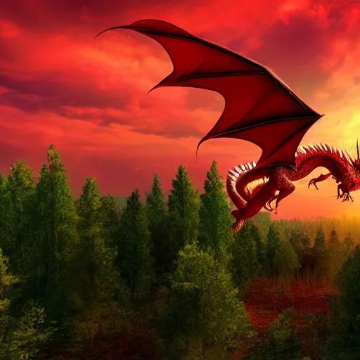 Image similar to a cute gorgeous beautiful realistic red dragon flying above a forest, photorealistic image , sunset in the background