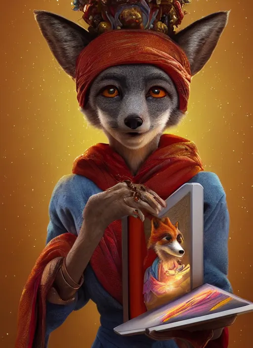 Image similar to an anthropomorphic beautiful goddess female wizard made of fox portrait holding a portable computer wearing colourful robe, fine art, award winning, intricate, elegant, sharp focus, octane render, hyperrealistic, cinematic lighting, highly detailed, digital painting, 8 k concept art, art by jamie hewlett and z. w. gu, masterpiece, trending on artstation, 8 k