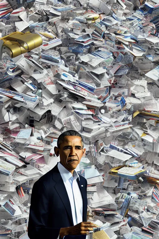 Image similar to obama nervously standing by a mountain of papers, cybertronian, long shot, cinematography by wes anderson, 4 k octane render, intricate detail, photorealistic, cinematic lighting, artstation